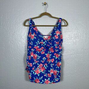 Lands End Women Plus Size 18W Blue Pink Floral Tankini Swim Top Ruched Sides